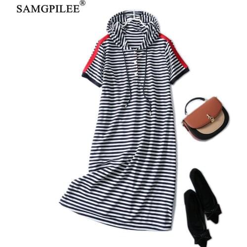 Summer Clothes For Women 2021 New Classic Striped Hooded Collar Casual Short-sleeved Knee Length Stretch Dress Woman Plus Size