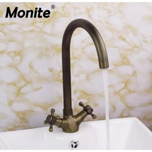 Monite 360 Swivel Antique Brass Double Handles Wash Basin Faucet Rotated Bathroom Tap Sink Mixer Faucet
