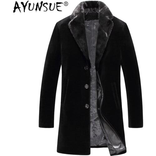 AYUNSUE Long Real Fur Coat Winter Jacket Male Sheep Shearing Wool Jackets Mink Fur Collar Koreran Mens Fur Coats WXM1708 KJ1585