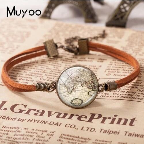 2018 New Vintage Globe Leather Bracelet World Map Bracelets Round Glass Cabochon Jewelry Mothers Day Gift For Women