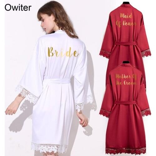 Owiter 2019 New Burgundy Matt Satin Bride Bridesmaid Robe Silky Lace Bridal Robes Wedding Party Gift Bathrobe Kimono Sleepwear