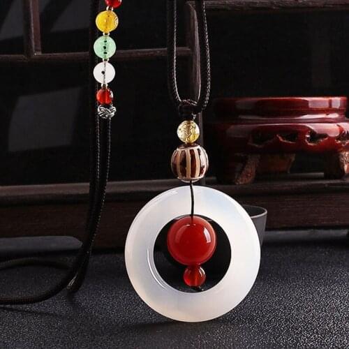 New Natural Chalcedony Peace Buckle Pendant National Wind Sweater Chain Long Paragraph High-end Necklace Female Retro Jewelry