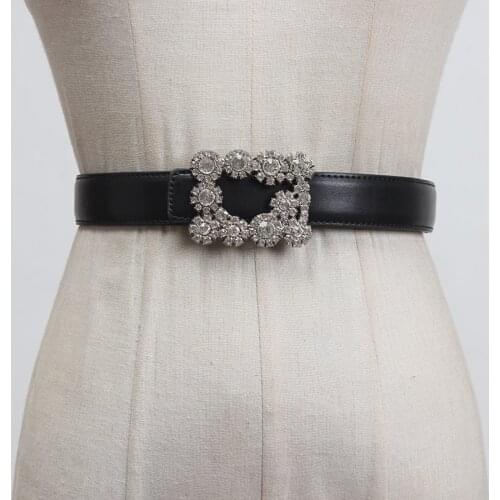 SeeBeautiful New Fashion 2020 Autumn Summer PU Leather Girdle Crystal Rhinestone Irregular Buckle Girdle Long Belts Women W378