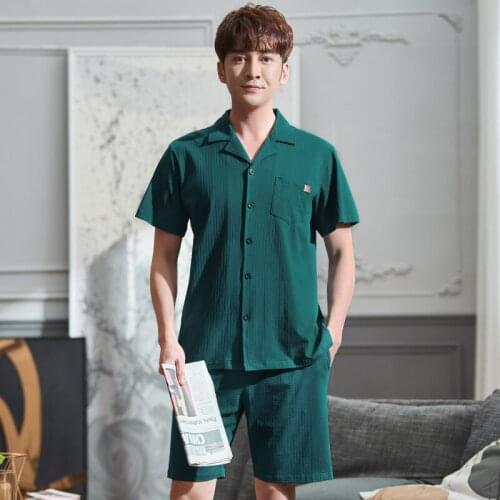 Plus Size 3XL Solid Color Summer Cardigan Pajama Sets Man Cotton Shorts Sleeve Tops And Shorts Sleep Wear Pijamas Pyjama Mujer