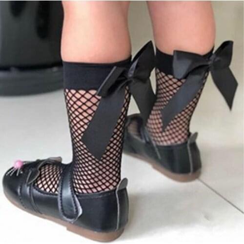 Popular trend small grid fishnet socks sexy bow net Baby Girl Crystal Rhinestone Fishnet Mesh Short Socks With ribbon Bow socks
