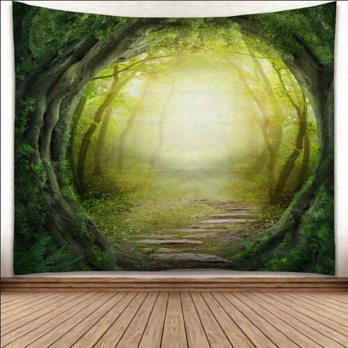 Psychedelic Forest Tapestry Wall Hanging Green Landscape Wall Tapestry Farmhouse Decor Headboard Tapestry Polyester Summer Beach