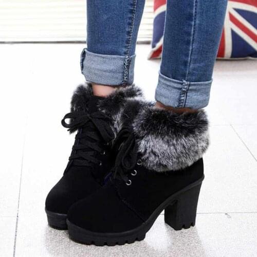 Ankle boots women shoes 2021 solid square heels winter shoes women lace-up snow boots ladies shoe warm velvet woman fashion boot