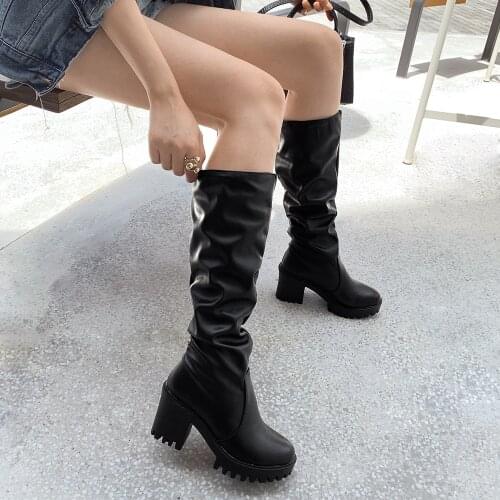 HARAVAL Women Platform Mid-Calf Boots High Heels Thick Spring Autumn Winter Lady Shoes Black White Plus Size PU Footwear E101L