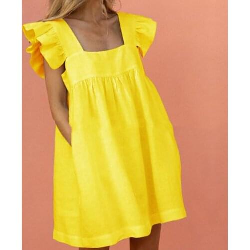Square Neck Mini Dress Ruffle Sleeve Solid Color Large Hem Pockets Women Casual Dress Summer elegant Women Clothing vestidos