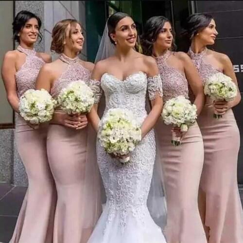 2019 Halter Bridesmaid Dresses Sleeveless Mermaid Lace Appliques Long Bridesmaid Dresses Custom Made High Quality