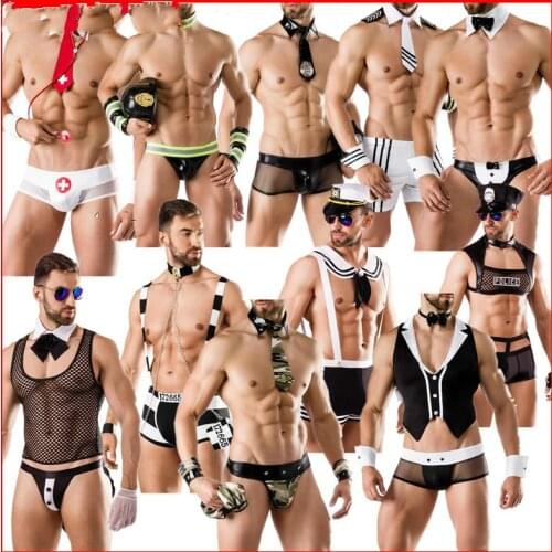 2020 Faux Leather Policemen Jumpsuit Tie Top With Panties Outfit Male Nurse Sexy Police Cosplay Costumes Motorcycle Role-Playing