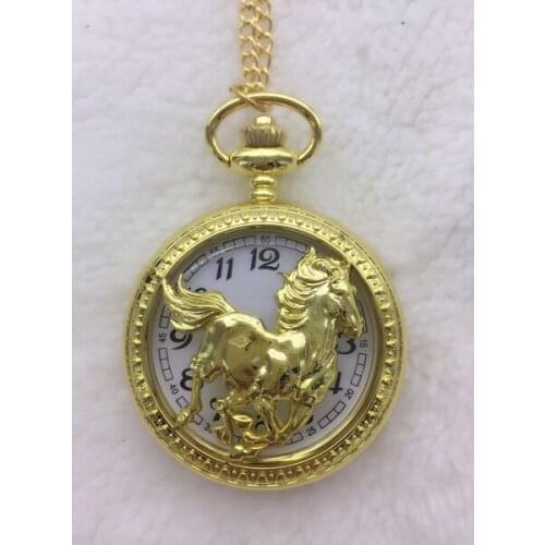 20pca Golden horse Hollow Modern clock men and woman quartz pendant cool gift Necklace pocket watches PK582