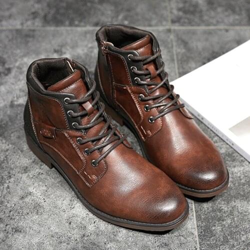 Fashion Retro Ankle Leather Men Boots High-Top Side Zipper Tooling Black Brown Boots Outdoor Desert Boots Fashion Men Shoes