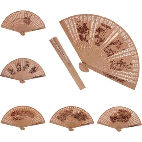 Chinese Folding Fan Incense Wood Carving Printing Fan Sandalwood Hollow Hand-held Wooden Hand-cranked Decorative Craft Fan