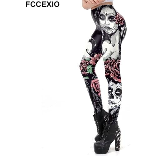 FCCEXIO Whosale 3D Mexico Skull Leggings Women Workout Fitness Legging Colorful Cranium Print Leggins Plus Size Workout Legging