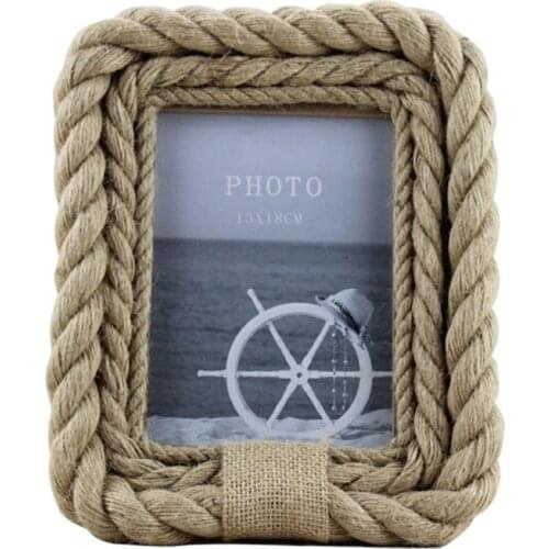 Retro Photo Frame Art Wood Handmade Hemp Rope Wooden Family Picture Display Frames Table Ornament Living Room Bedroom Wall Decor