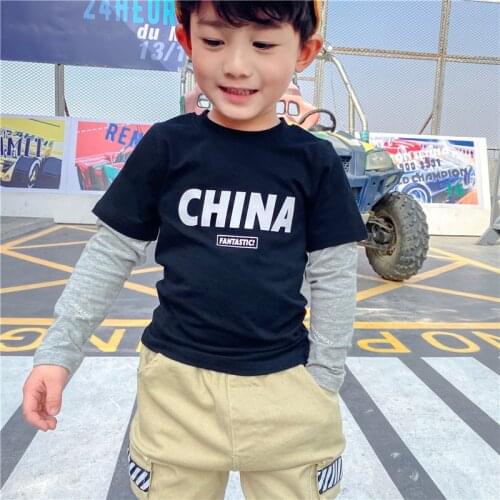 Spring Autumn New Boys Fashion Fake Two T-shirts Cotton Long Sleeve Boy Childrens T Shirts Kids Clothing 2-8 Y Baby Boy Clothes