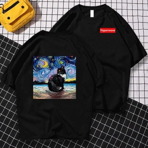 Oil Painting Cat Fashion Print Male Hip Hop Oversize Tshirt Summer Manga Menswear Loose Loose Sweat T Shirt Men