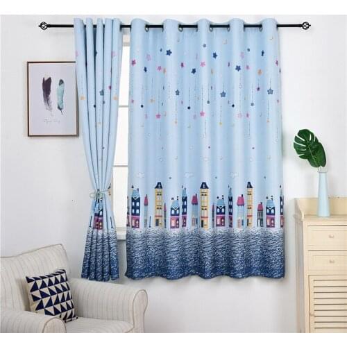 Blue Short Curtains for Kids Bedroom Castle Print Polyester Blackout Grommet 1 Piece Kitchen Coffee Window Panels Nursery Drapes