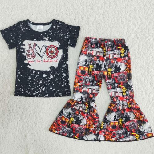 Spring/Fall Children Boutique Clothes Firefighter Pattern Shirt Bell Bottom Pants Set for Baby Girls