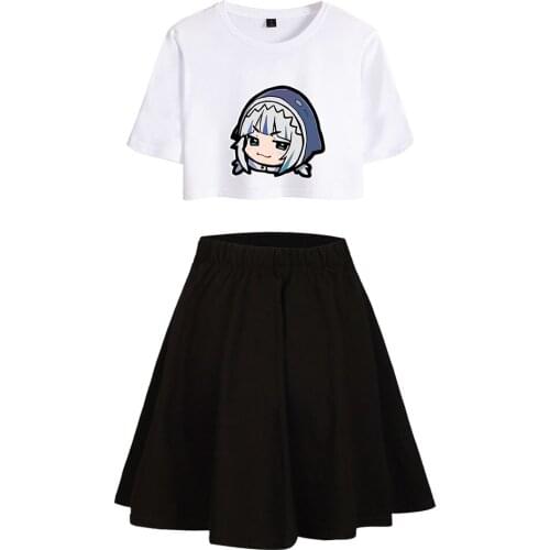 Anime Gawr Gura Merch Harajuku Sexy Men Women Summer Skirt Set Short T-shirt Tops + Skirt Suit Two Piece Set Kawaii Y2K Clothes