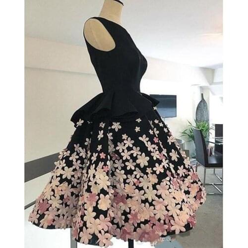 Little Black Satin Black Cocktail Dresses with Colorful 3D Appliques Flowers Short Knee Length A Line Short Cocktail Party Dress