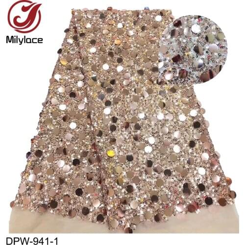 Milylace Gold Color African lace fabric shiny sequins tulle lace fabric two-size sequence net lace for party dresses DPW-941