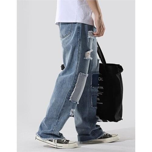 2020 New Spring And Autumn Mens Jeans Loose Straight-Leg Ripped Pants Fashion Patchwork Jeans