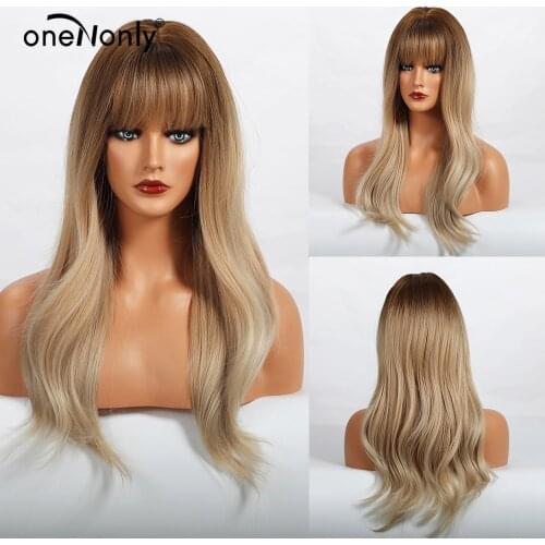 OneNonly Long Natural Wave Ombre Brown Light Blonde Gray Synthetic Wigs with Bangs for Women Cosplay Natural Wig Heat Resistant