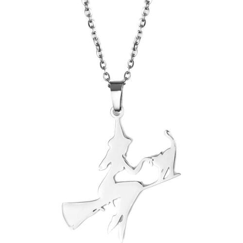 Stainless Steel Jack and Sally Pendant Neckalce Witch Cat on the Broom Nightmare Before Christmas Necklace for Women Girls Jewel