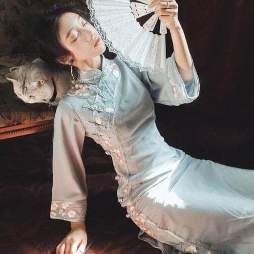 Cheongsam Dress for Women Cotton Qipao Modern Blue Dresses for Weeding Cheongsam Chinese Style Dress Eleglant 2021 Girls Dress