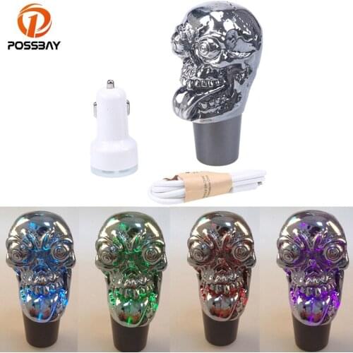 POSSBAY Car Gear Shift Knob Devil Head Knob LED Wicked Carved Gear Stick Shifter Lever Knob With USB Cigarette Adapter