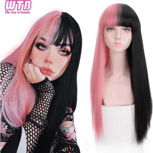 WTB Synthetic Long Straight Hair Cosplay Wigs Half Pink and Half Black Lolita Wig with Bangs Party Daily Use Heat Resistant Wigs