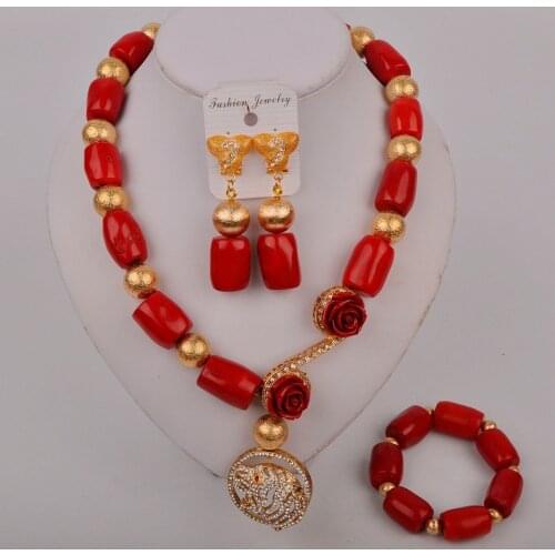 Bride Wedding Jewelry Nigeria Wedding Red Coral Bead Necklace Bracelet Earring Set African Jewelry