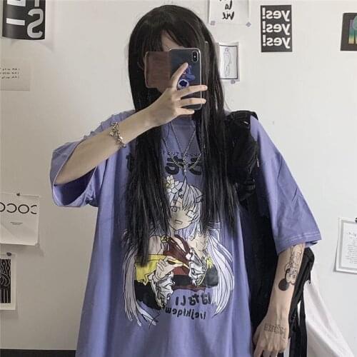 Japan cartoon punk t shirt fashion girls women harajuku black purple men tshirts boys girls couple women cool kpop tops tee
