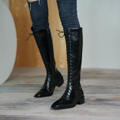Vintage Genuine Leather Cross Tied High Winter Boots Round Toe 4cm Thick Heels Casual Shoes Woman Size 33-42