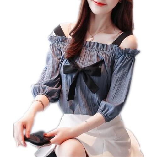 Fashion Sexy Slash Neck Women Chiffon Blouses 2019Summer Half Sleeve Women Shirts With Bow Short Female Blouses High QualityQ261