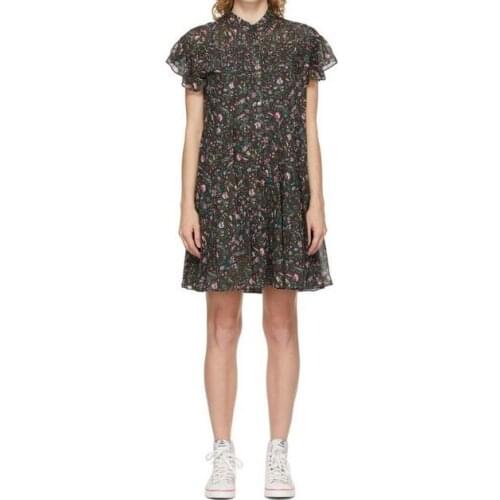 Woman Floral Print Mini Cotton dress Round Neck frilled collar Short Ruffled Sleeves Front Buttons