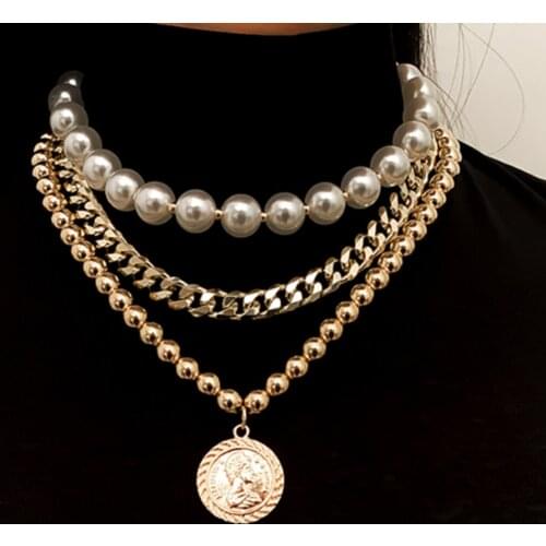 DIEZI Multilayer Simple Imitation Pearl Clavicle Chain CCB Necklace Women Carved Coin Choker Statement Necklace 2021 New Jewelry
