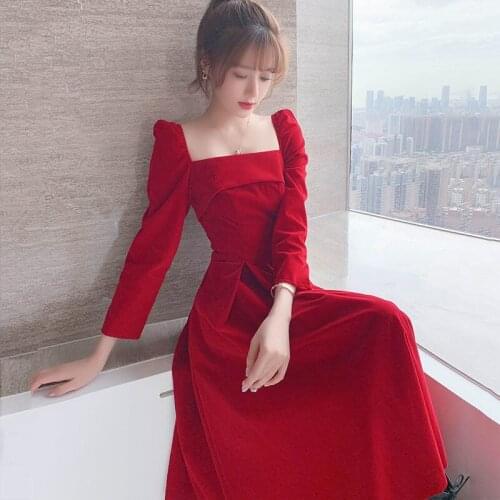 2021 New Summer French Literary Girl Red Dress Sweet Girl Korean Elegant Woman Vintage Square Collar Offiec Lady All-Match Dress