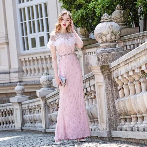 Couture Pink Feathers Evening Dress Tulle Stones Sequined Mermaid Formal Evening Gown Pageant Dance Dresses Short Sleeves YQLNNE