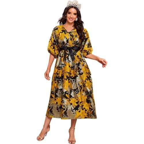 2021 V-neck Jacquard Long Dress England Style 2/3 Sleeve Dress Evening Clothing Floral Party Night Long Dresses Ball Gown