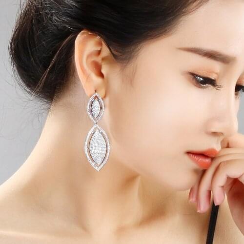 6.6 Very Long Leaf Dangle Earrings White/Gold-Color Bridal Wedding party Micro Pave Zircon Jewellery Jewelry Womens earring