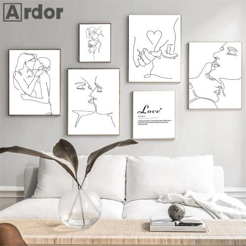 Abstract Couple Kiss Line Drawing Poster And Print Heart Hand In Hand Canvas Painting Black White Pictures Minimalist Home Decor