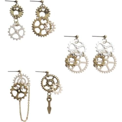 Antique Silver and Bronze Gears Asymmetric Steampunk Post Earrings