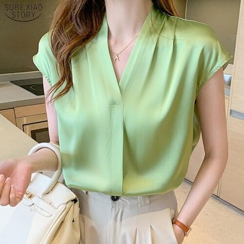 Satin V Neck Loose Women Shirts 2021 Summer Sleeveless Blouse Women Solid Color Plus Size Female Clothing Blusas Mujer 14267