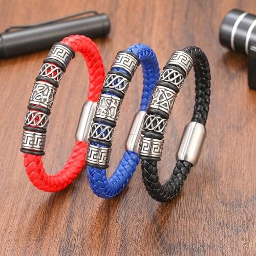 Black Hollow Viking Stainless Steel Great Wall Beaded Bracelet Punk Men’s Jewelry Leather Woven Bracelet Fashion Men’s Bracelet