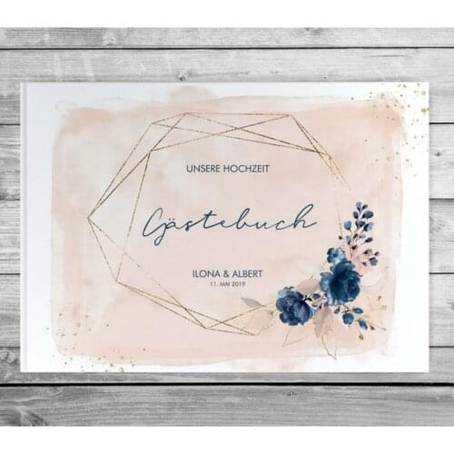 Guestbook wedding with no questions white pages, classy romantic flowers, gold navy rosé personalized name