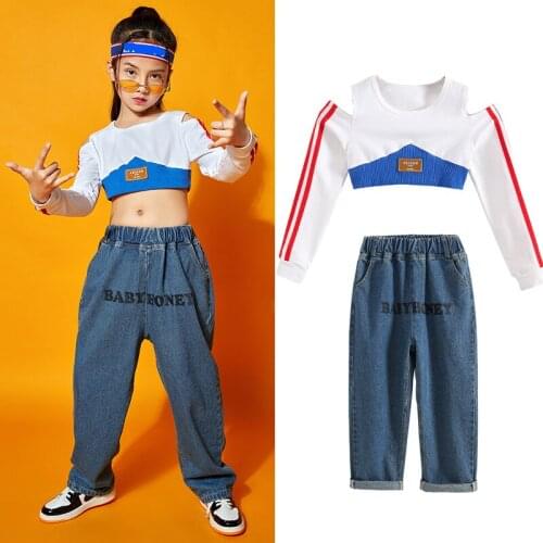 Girls Jazz Dance Costumes Long Sleeve Crop Top Printed Jeans Hiphop Outfits ChildrenS Street Dance Hip Hop Rave Clothes DN8434