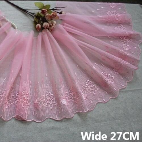 27CM Wide Luxury Pink Mesh Floral Embroidery Lace Fabric Fringe Ribbon Home Clothing Bedding Skirt DIY Sewing Splicing Materials